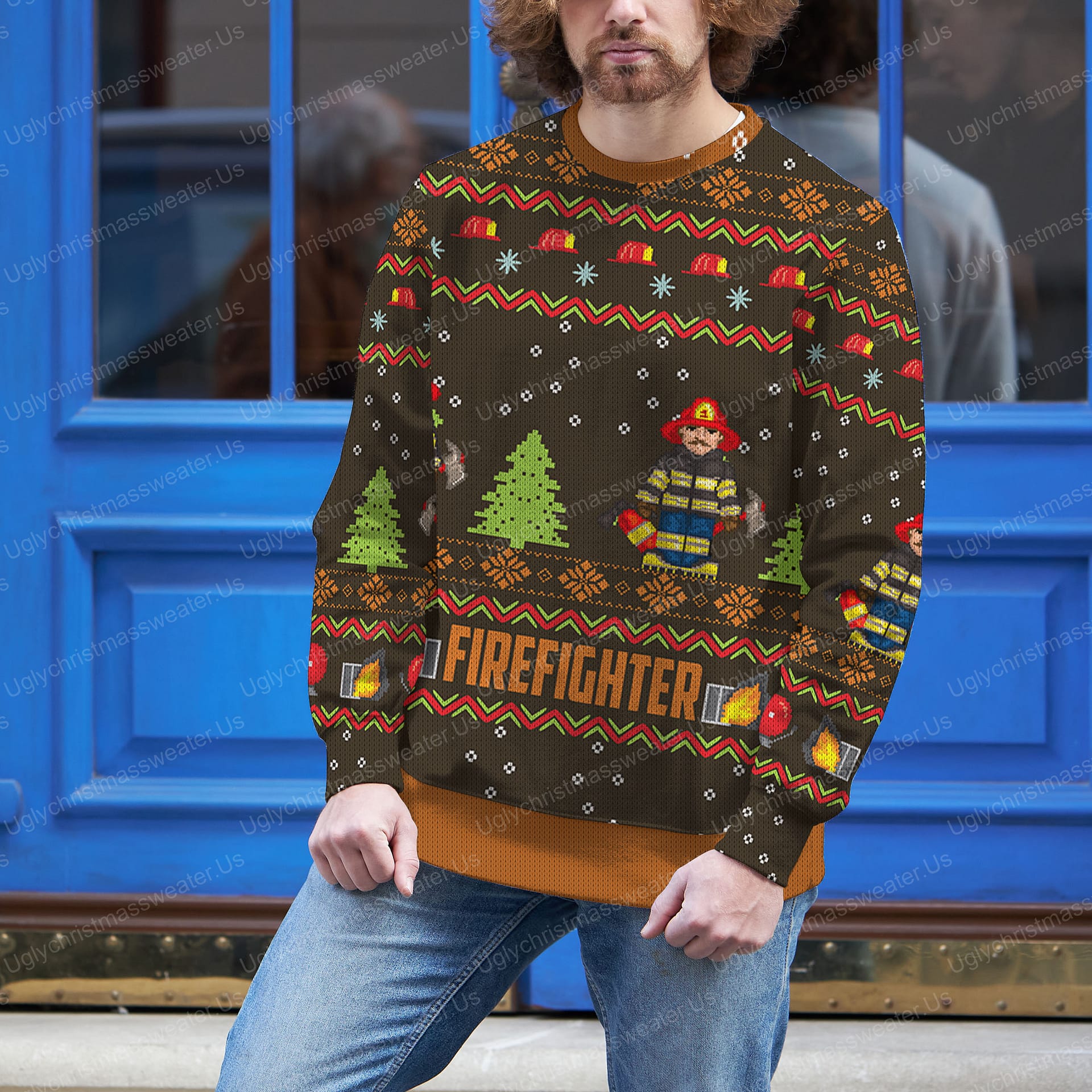 Fire Fighters Brown And Orange Color Ugly Xmas Sweater 3 - Uglychristmassweater.us