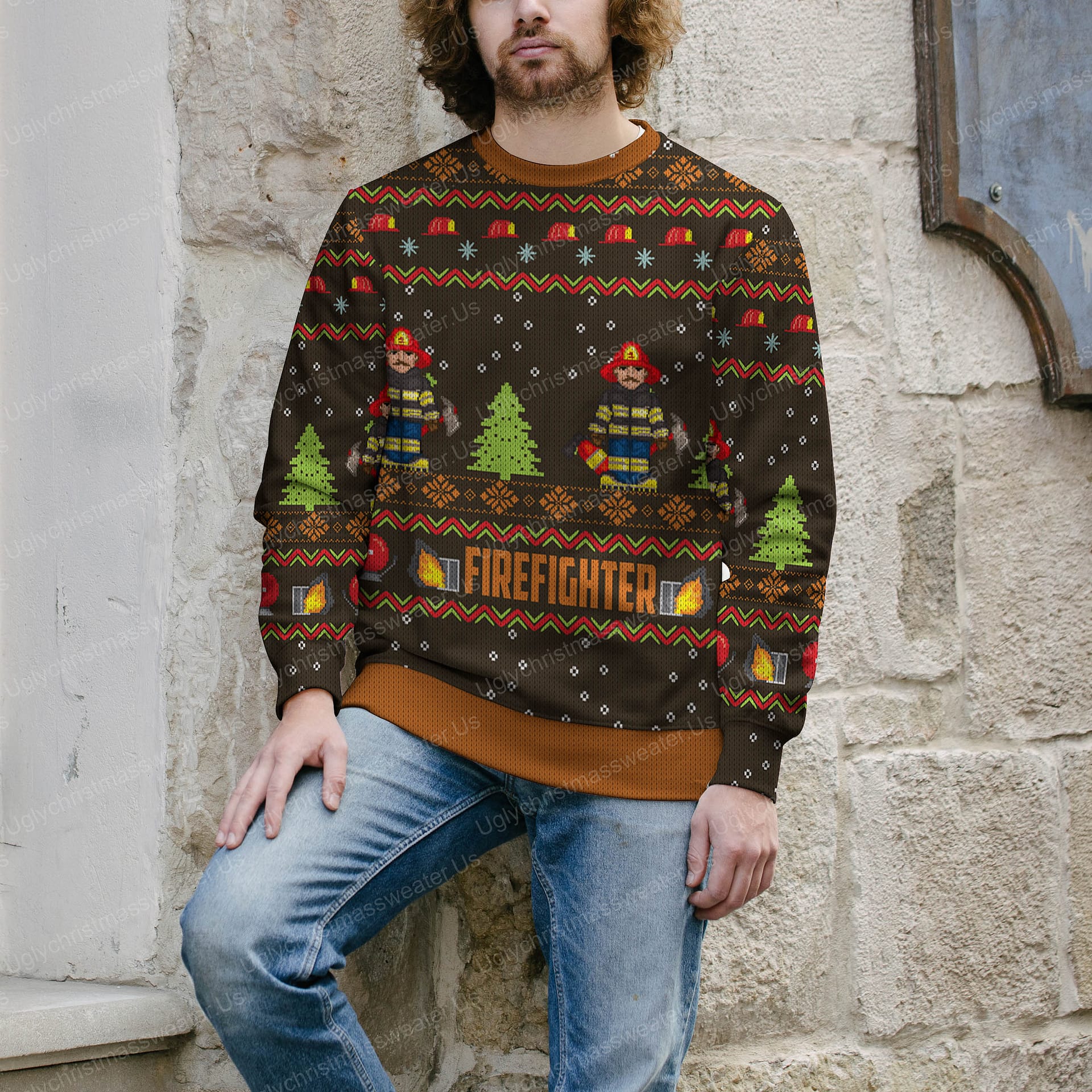 Fire Fighters Brown And Orange Color Ugly Xmas Sweater 4 - Uglychristmassweater.us
