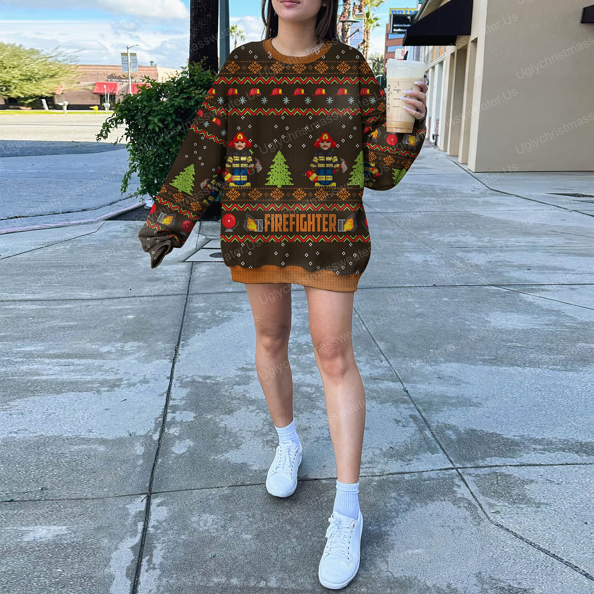 Fire Fighters Brown And Orange Color Ugly Xmas Sweater 5 - Uglychristmassweater.us