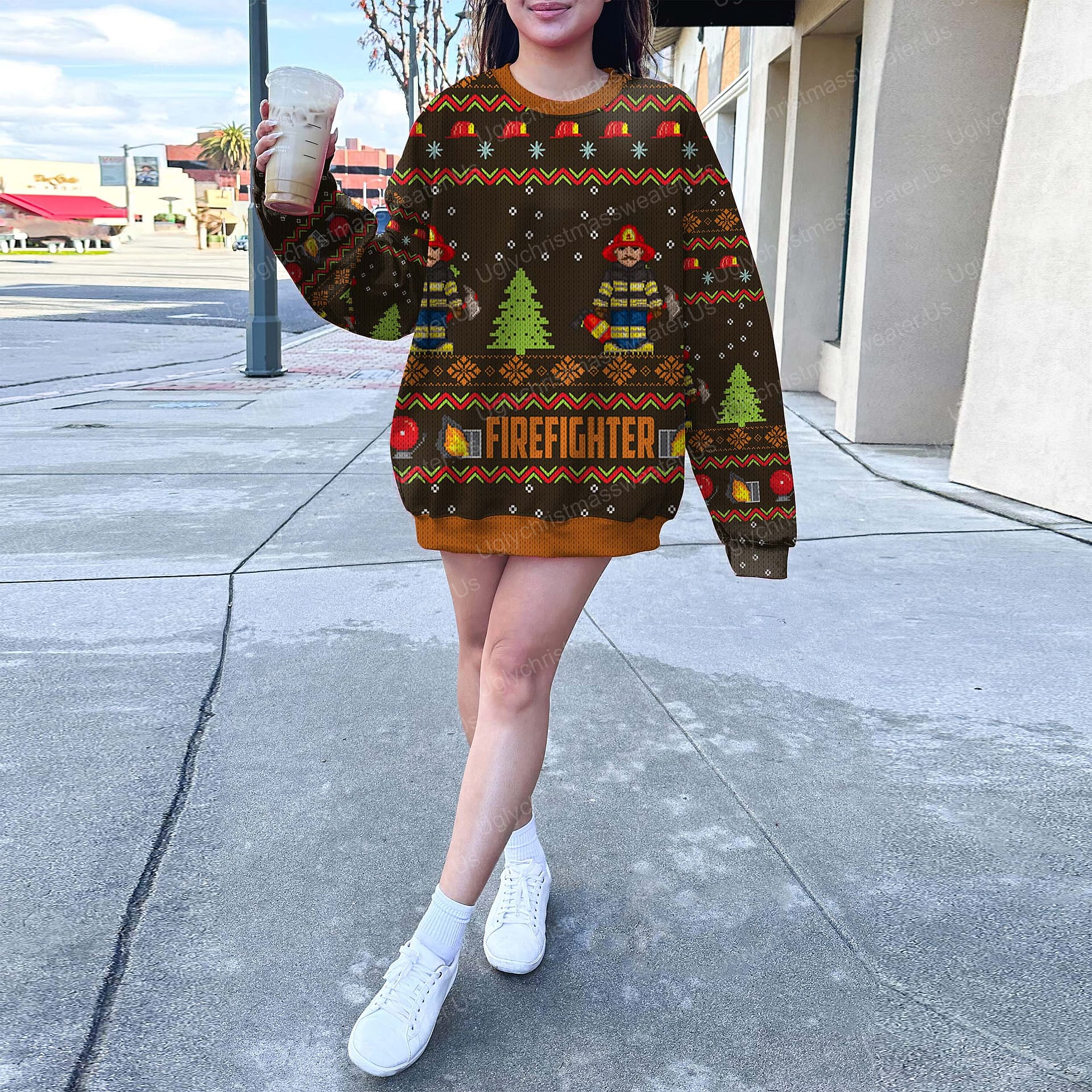 Fire Fighters Brown And Orange Color Ugly Xmas Sweater 6 - Uglychristmassweater.us
