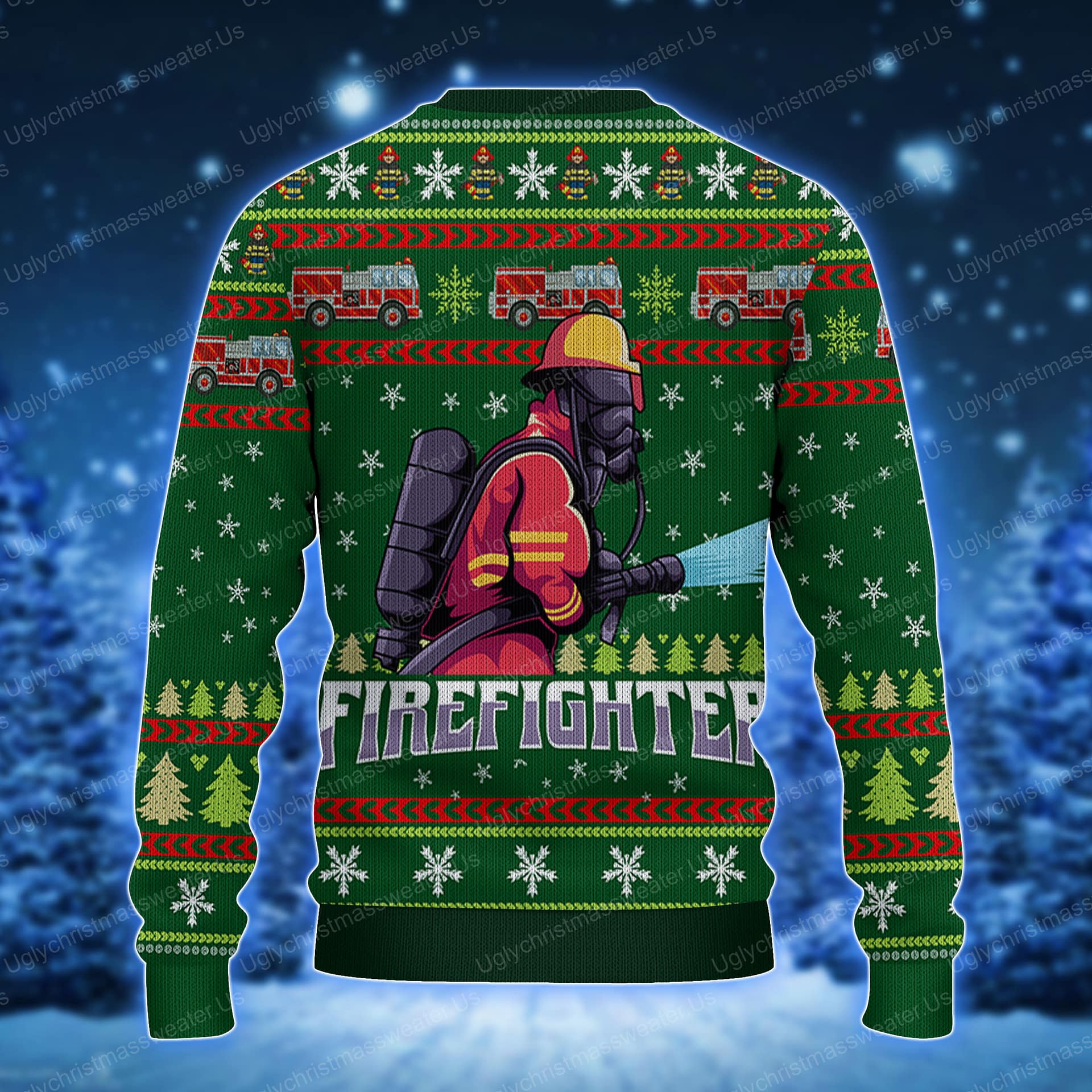 Firefighter Mascot Logo Vector Christmas Sweater Green And Red 2 - Uglychristmassweater.us