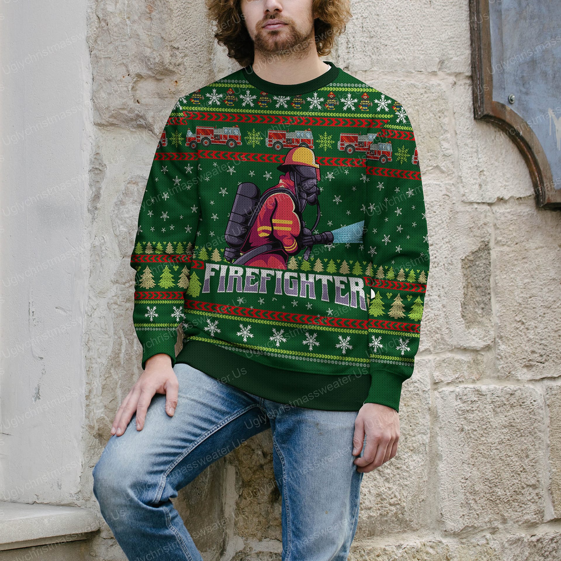 Firefighter Mascot Logo Vector Christmas Sweater Green And Red 4 - Uglychristmassweater.us