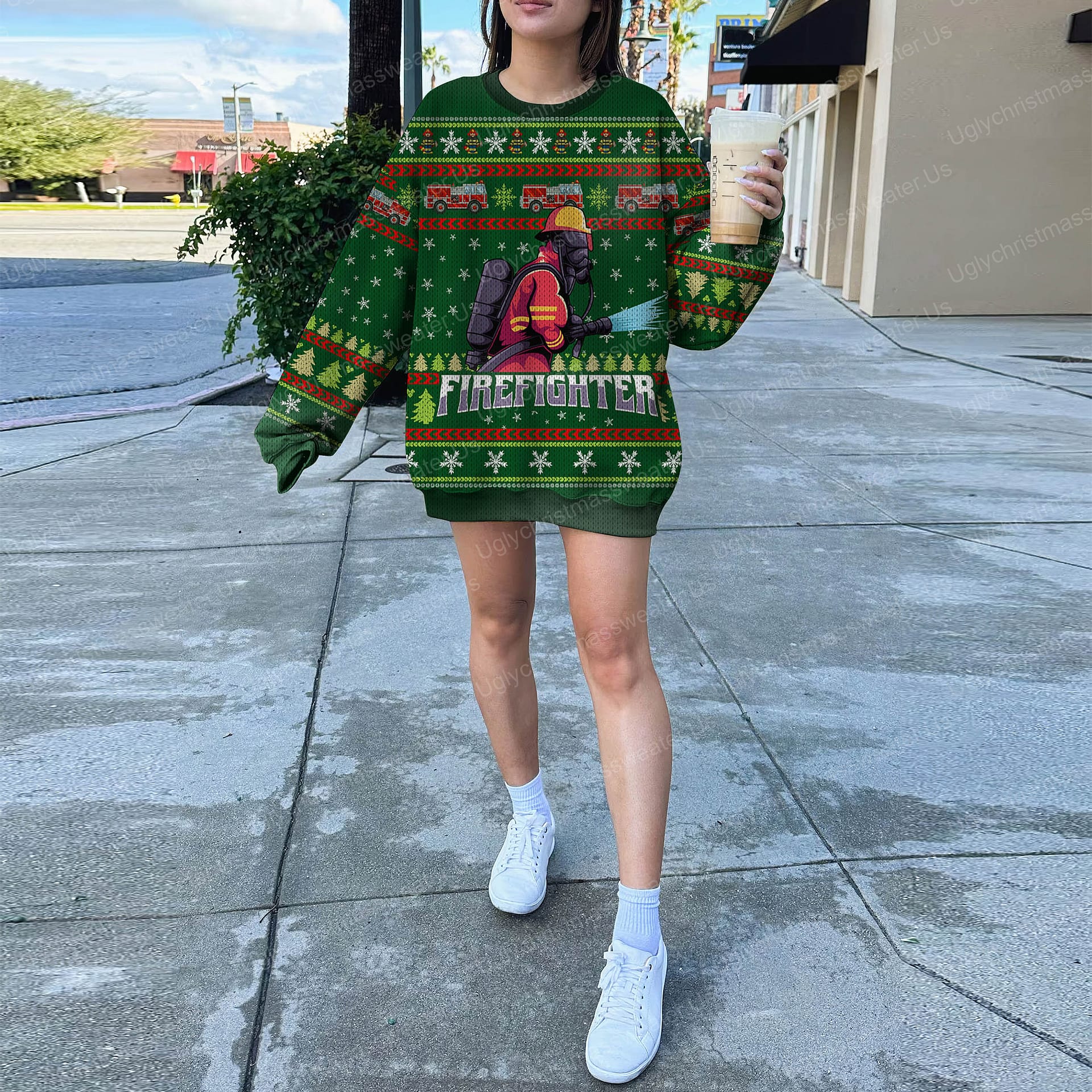 Firefighter Mascot Logo Vector Christmas Sweater Green And Red 5 - Uglychristmassweater.us