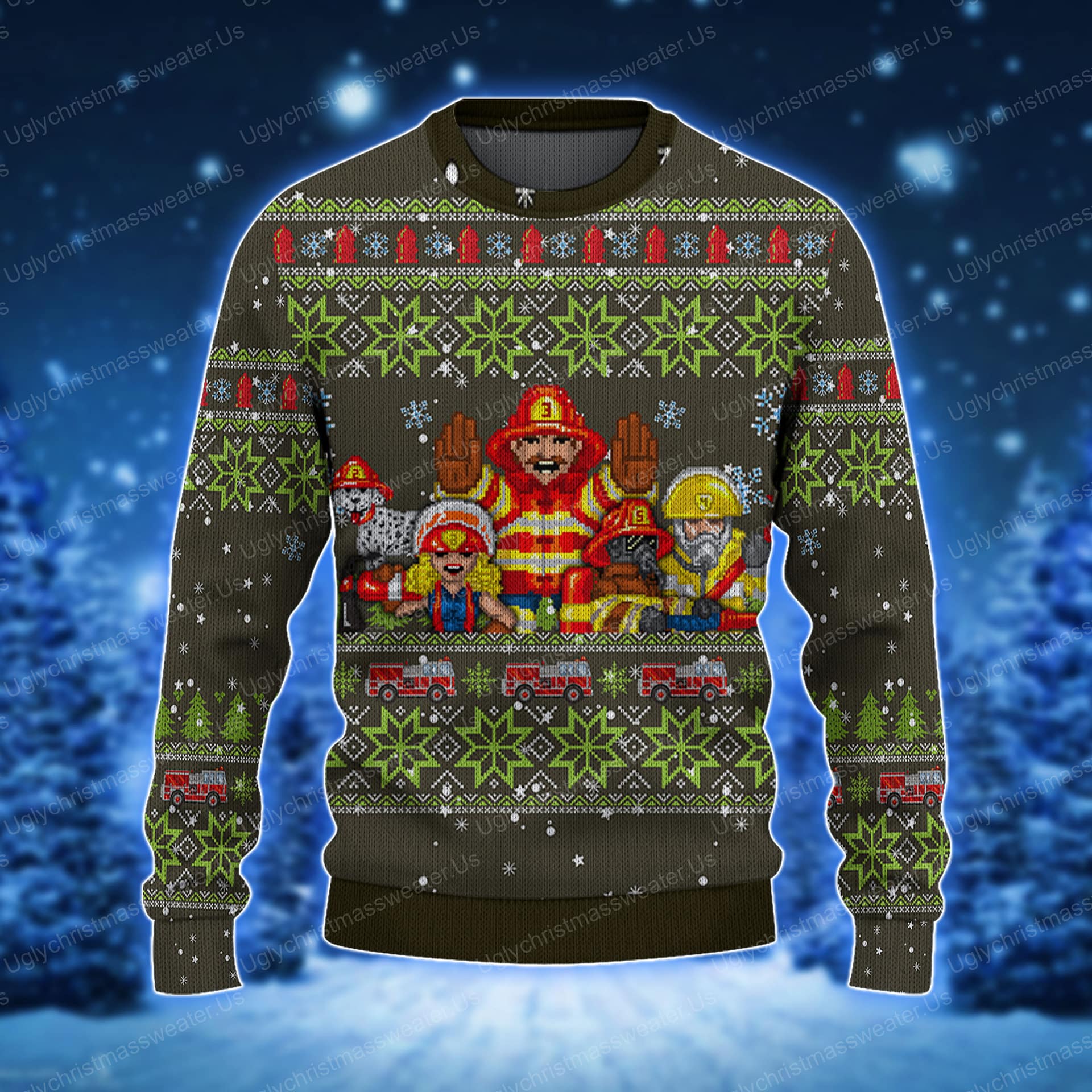 Hero Firefighter Christmas Sweater Vector Fire Truck Silver And Green Color 1 - Uglychristmassweater.us