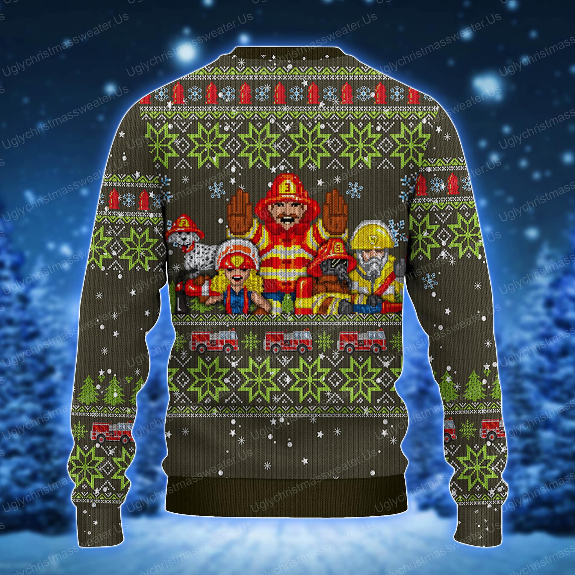Hero Firefighter Christmas Sweater Vector Fire Truck Silver And Green Color 2 - Uglychristmassweater.us