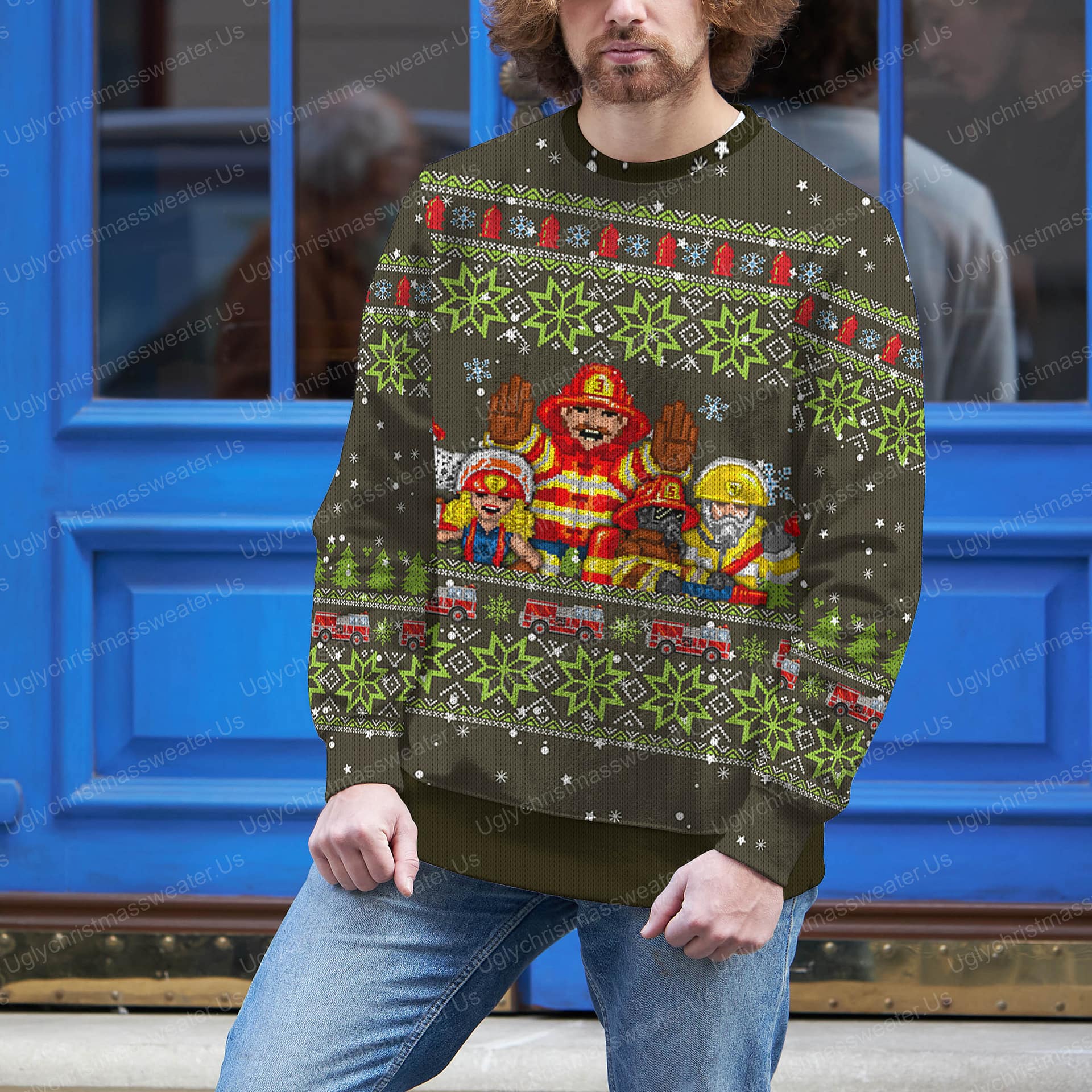 Hero Firefighter Christmas Sweater Vector Fire Truck Silver And Green Color 3 - Uglychristmassweater.us