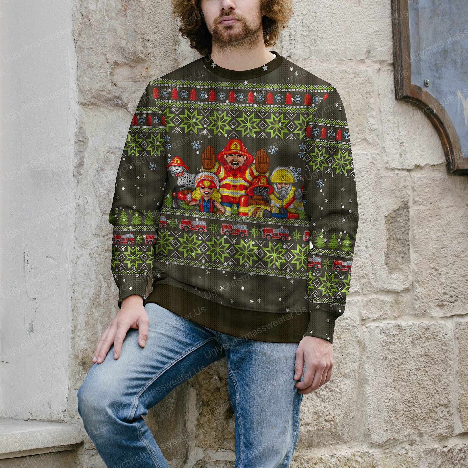 Hero Firefighter Christmas Sweater Vector Fire Truck Silver And Green Color 4 - Uglychristmassweater.us