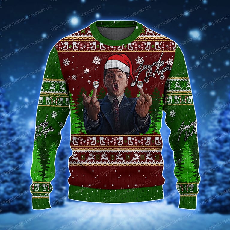Leonardo DiCaprio Wolf Of Wallstreet Crimson Red And Deep Blue Ugly Christmas Sweater