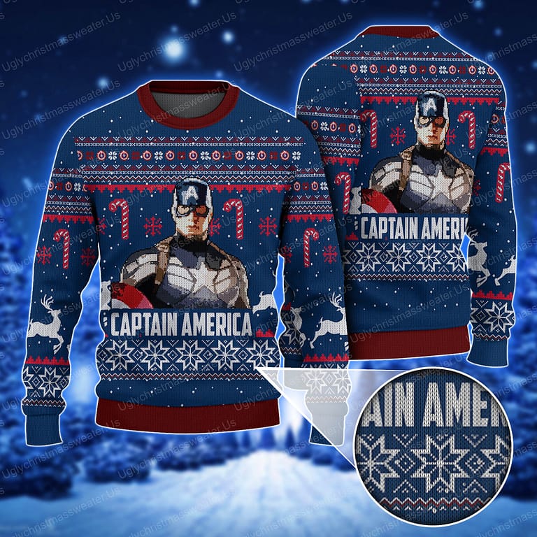 Blue Captain America Superhero Ugly Xmas Sweaters Uglychristmassweater.us 2023