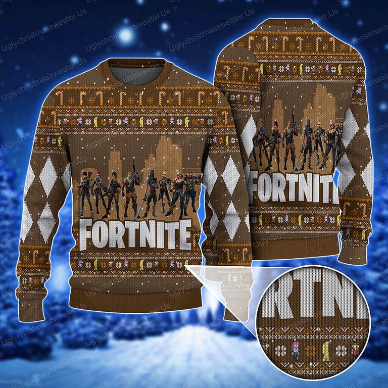 Fortnite Battle Royale Charactor Pattern Brown Ugly Christmas Sweater Uglychristmassweater.us 2023