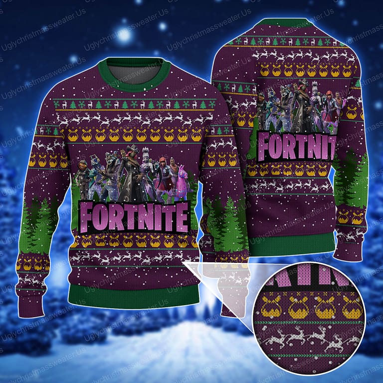 Fortnite Season 6 Logo Pattern Purple Bold Color Ugly Christmas Sweater Uglychristmassweater.us 2023