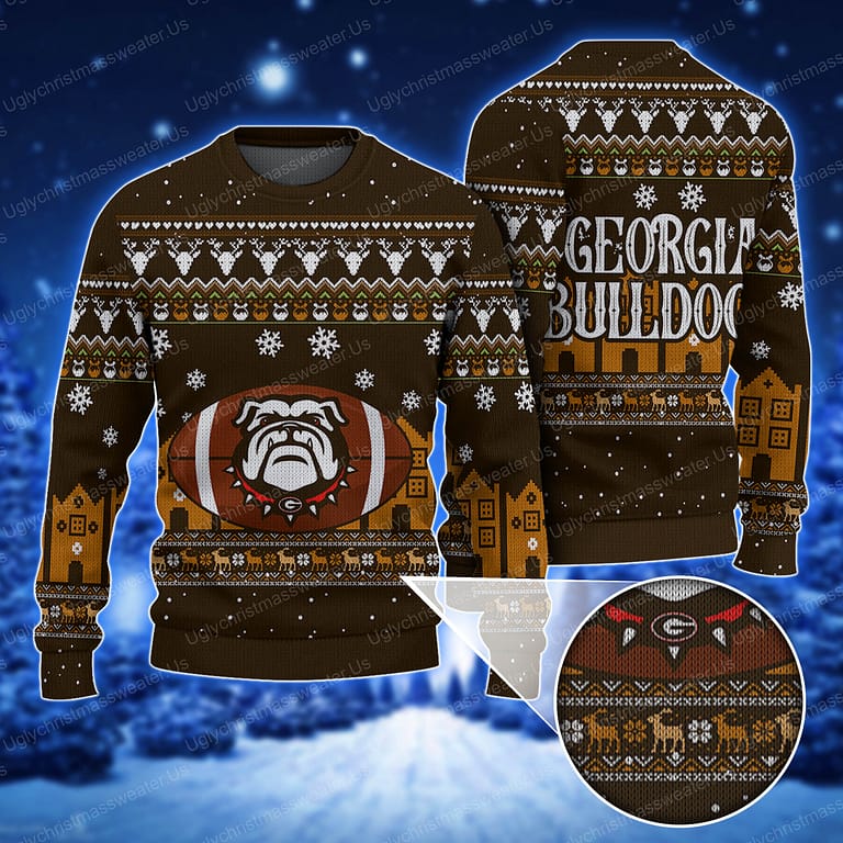 Georgia Bulldogs Logo With Super Bowl Ugly Sweater Brown And Bold Yellow Uglychristmassweater.us 2023