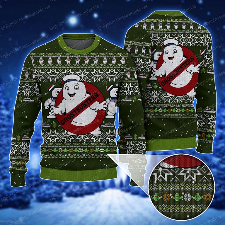Ghostbusters Dark Green Spooky Style Ugly Christmas Sweater Uglychristmassweater.us 2023