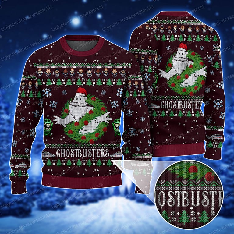 Ghostbusters Dark Red Santa Claus Style Ugly Christmas Sweater Uglychristmassweater.us 2023