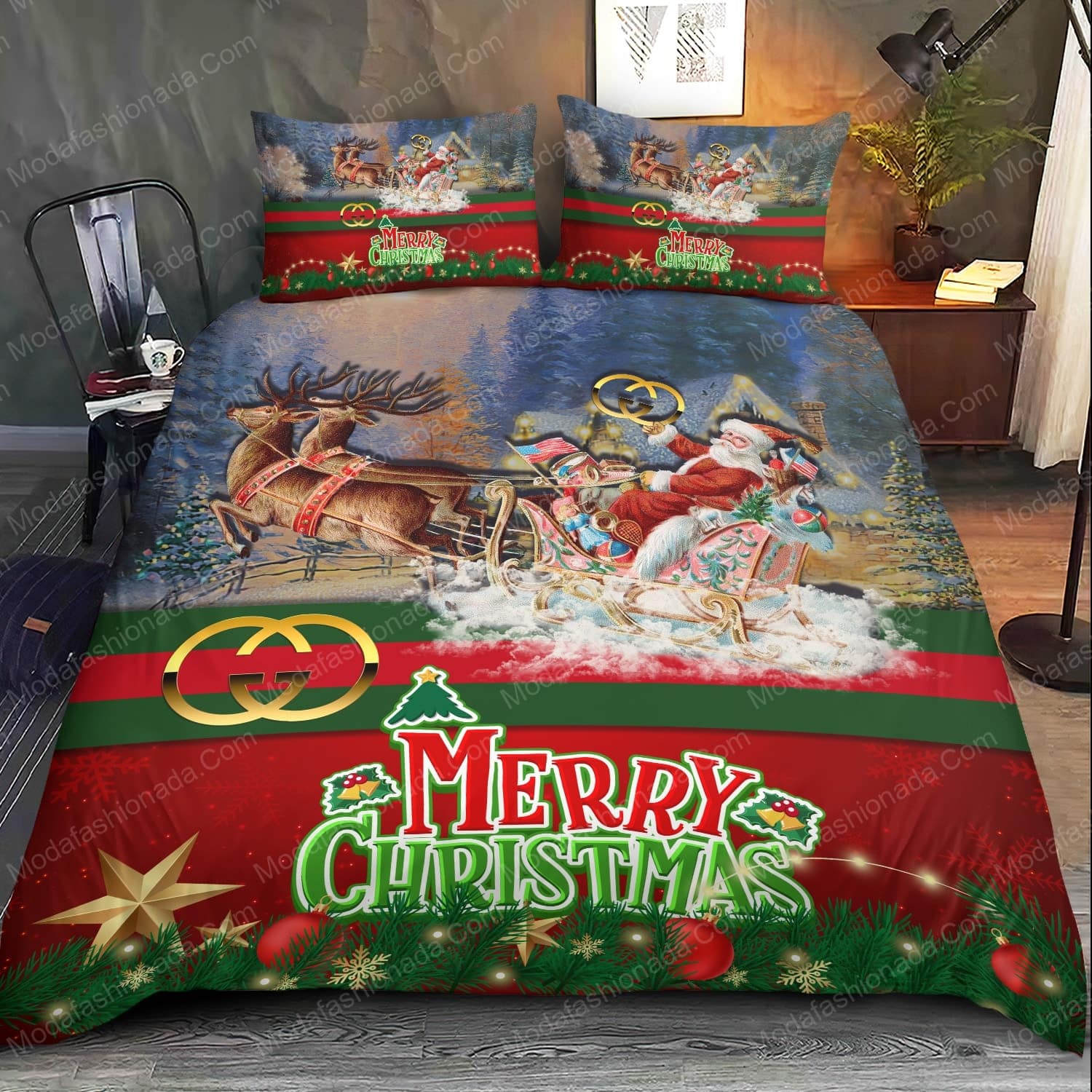 Santa Claus’s Reindeer Merry Christmas Gucci Bed Sets Bedding Sets - Modafashionada.Com Santa Claus’s Reindeer Merry Christmas Gucci Bed Sets Bedding Sets - Modafashionada.Com