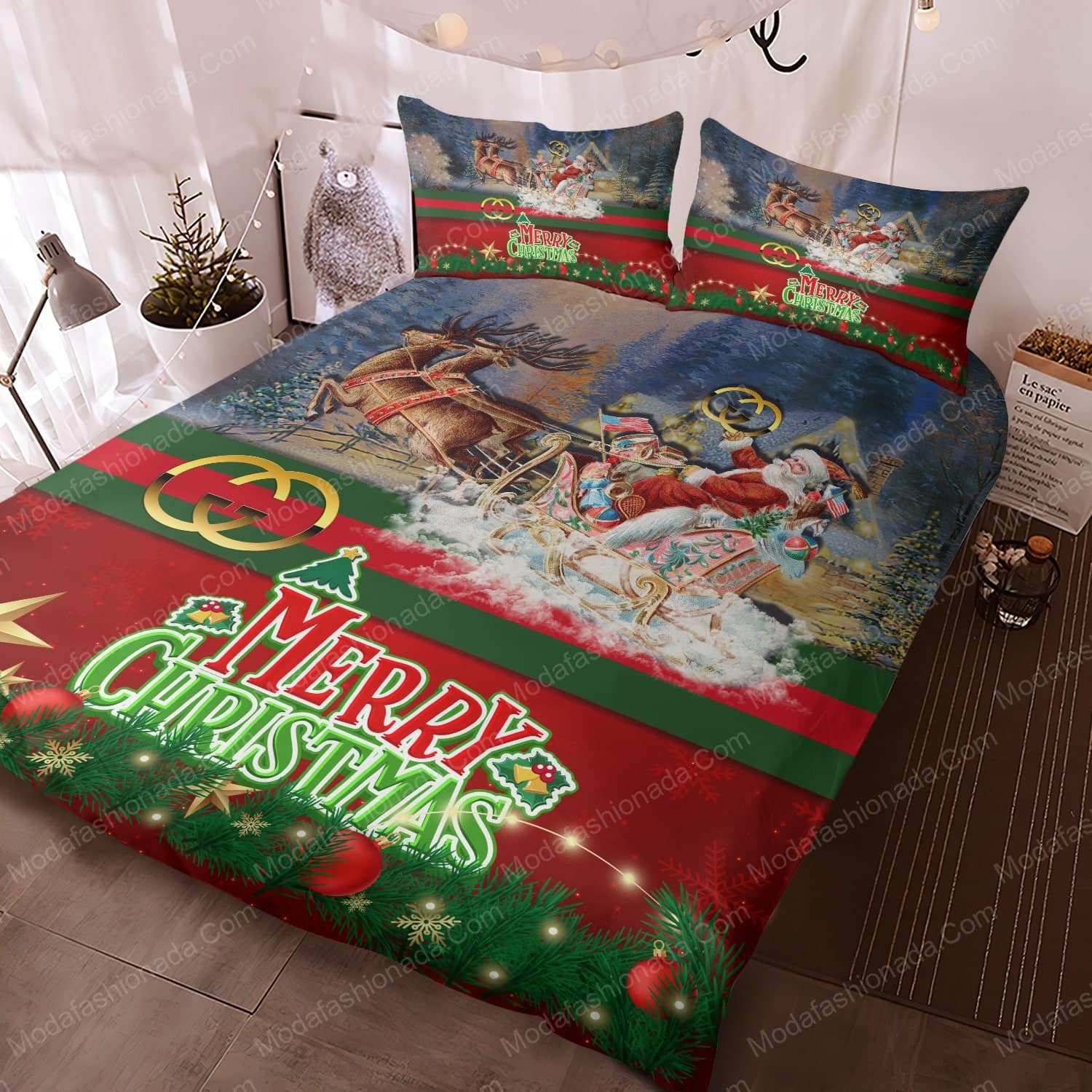 Santa Claus’s Reindeer Merry Christmas Gucci Bed Sets Bedding Sets - Modafashionada.Com Santa Claus’s Reindeer Merry Christmas Gucci Bed Sets Bedding Sets - Modafashionada.Com