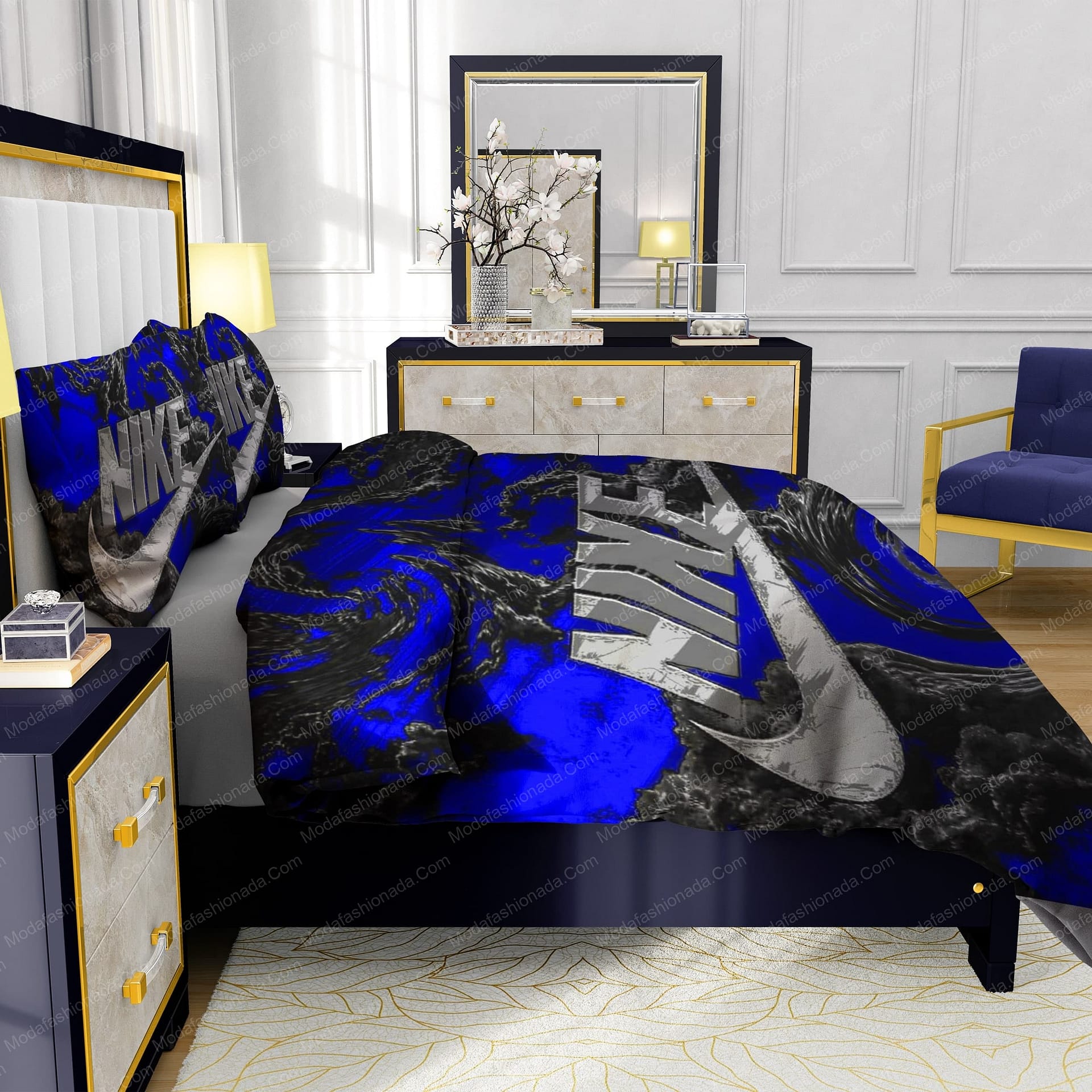 Famous Nike Design Navy and black Silk Material Soft & Quality Comfortable 4 Pieces Bedding Sets - Modafashionada.Com Famous Nike Design Navy and black Silk Material Soft & Quality Comfortable 4 Pieces Bedding Sets - Modafashionada.Com
